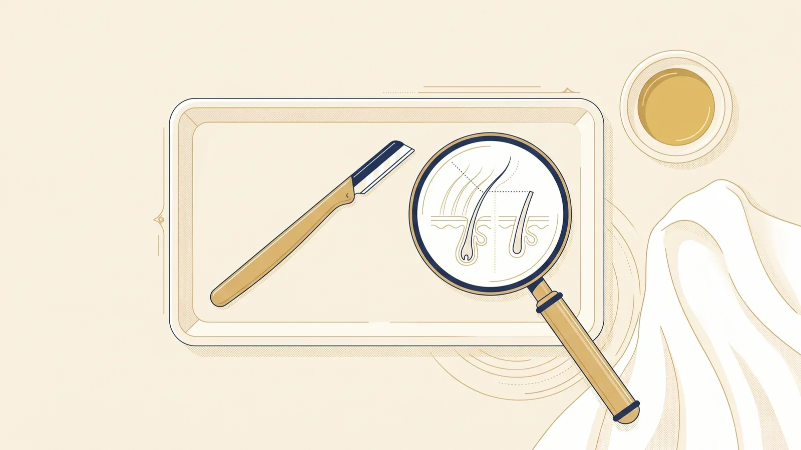 Illustration of a gold-handled dermaplaning blade beside a magnifying glass showing fine tapered hairs and a hair follicle diagram