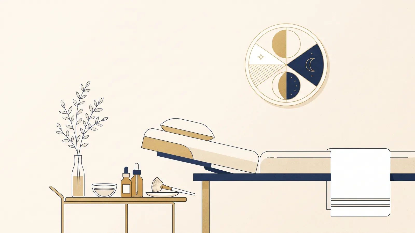Illustration of a calm facial treatment table with folded towel, serum bottles and a soft brush beneath a circular wall piece showing the phases of the moon