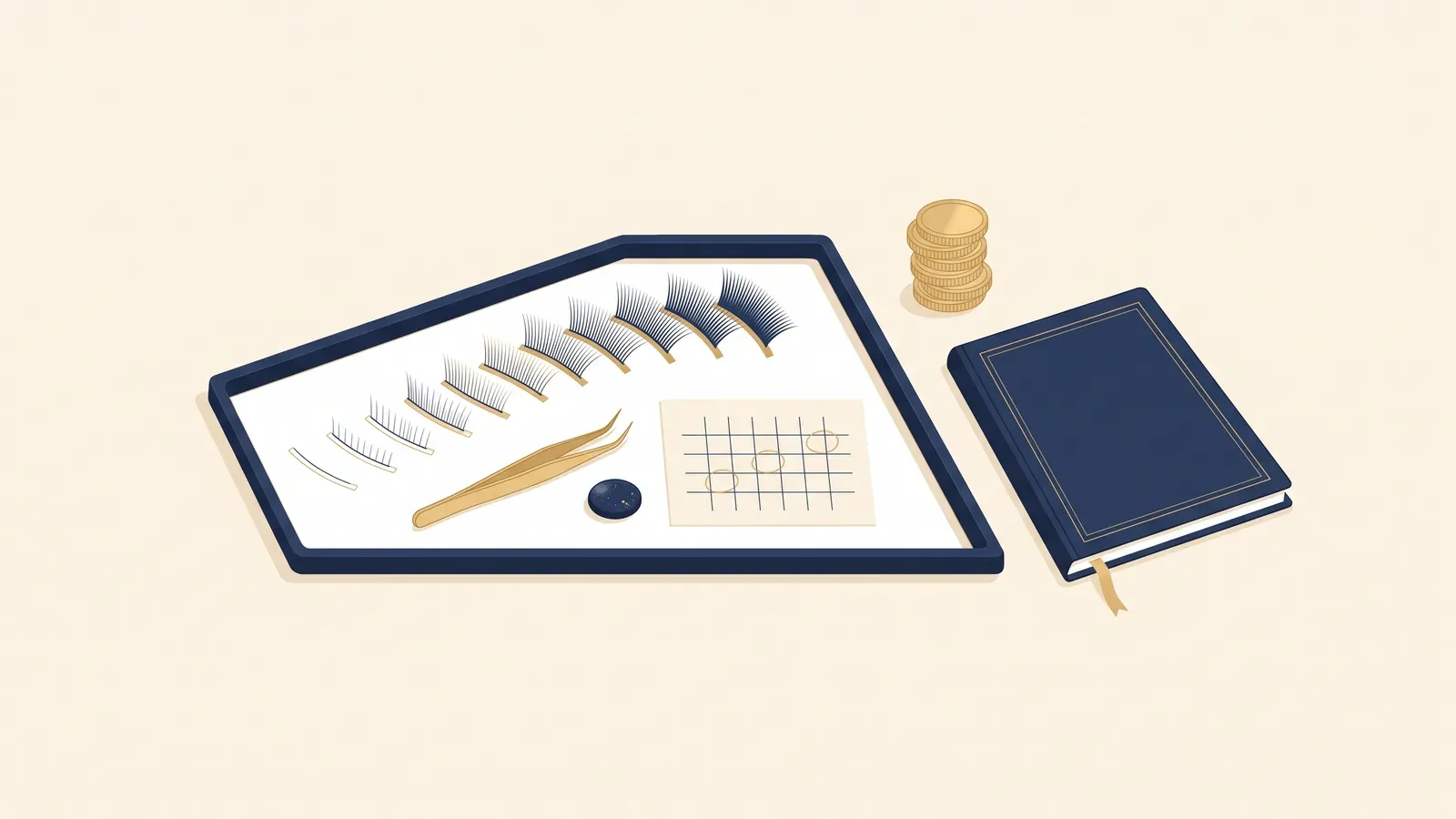 Illustration of a lash artist's tray with eyelash extension strips, golden tweezers, a refill calendar card and a small stack of gold coins