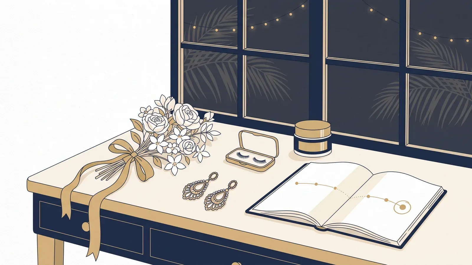 Illustration of a dressing table set for a special occasion with white flowers tied in gold ribbon, earrings, a lash case and an open planner showing a dotted timeline