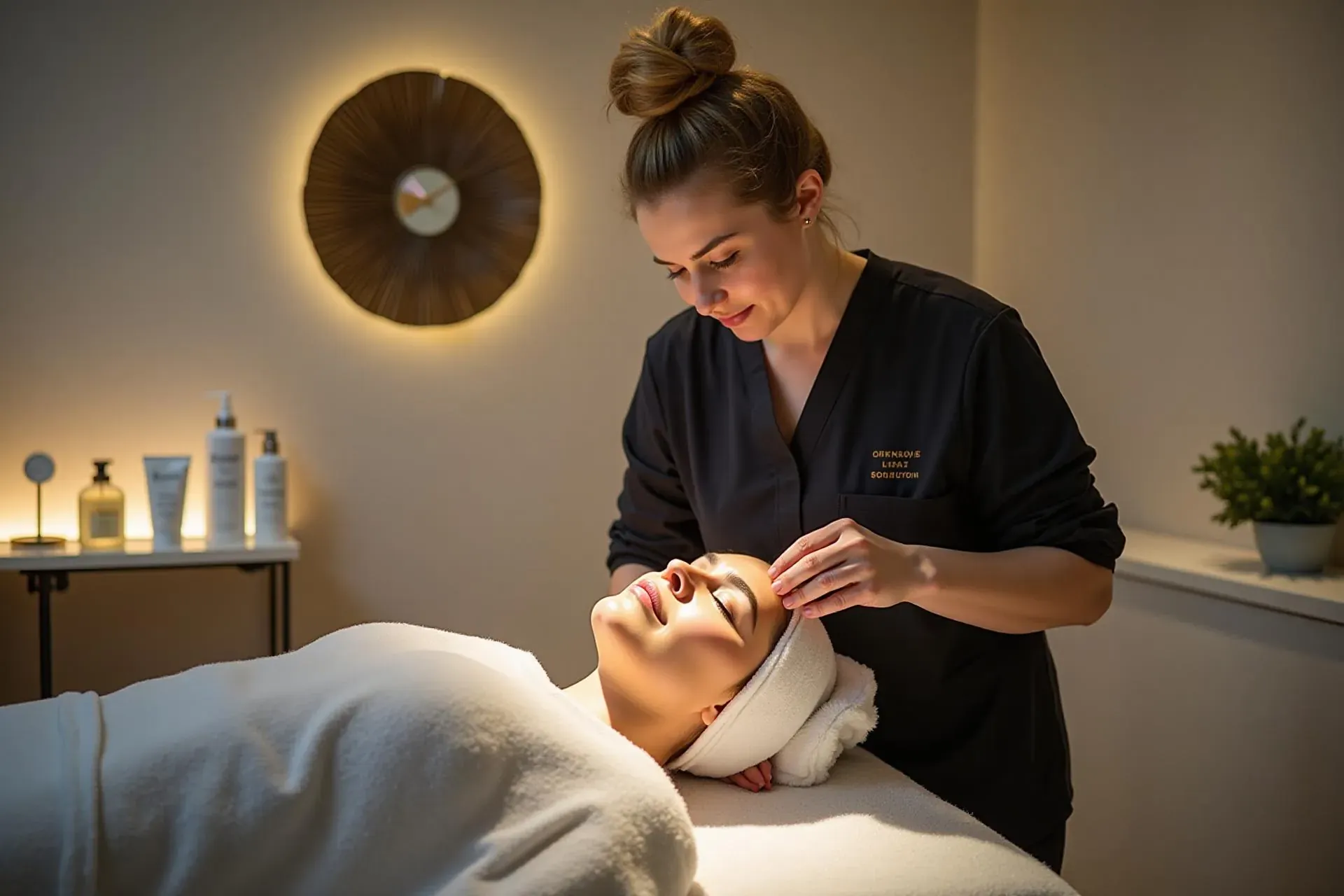 Esthetician applying a holistic facial treatment to a relaxed client on a treatment bed in a softly lit room