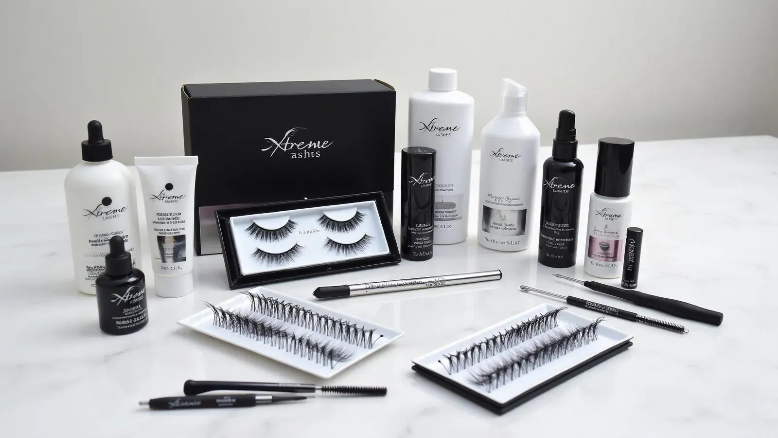 Xtreme Lashes professional kit on a marble surface with branded box, adhesive bottles, extension trays, tweezers, and brushes